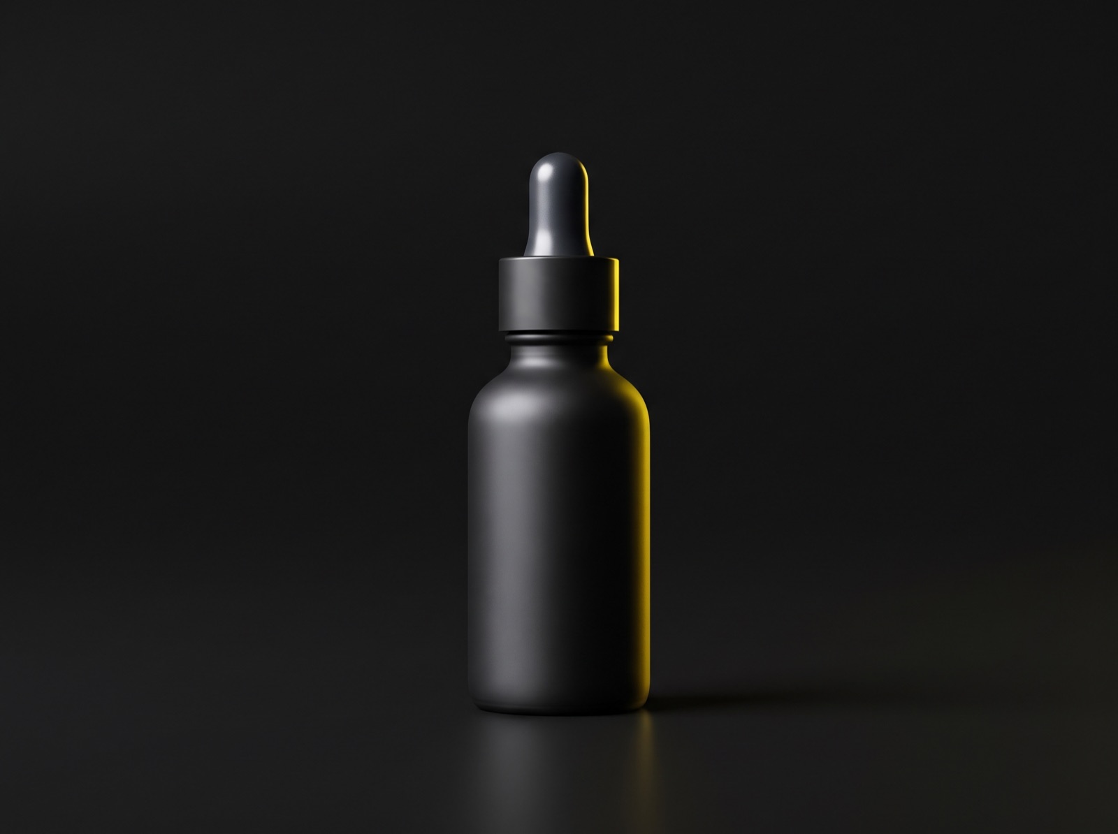 Matte black serum bottle lit on a seamless dark background