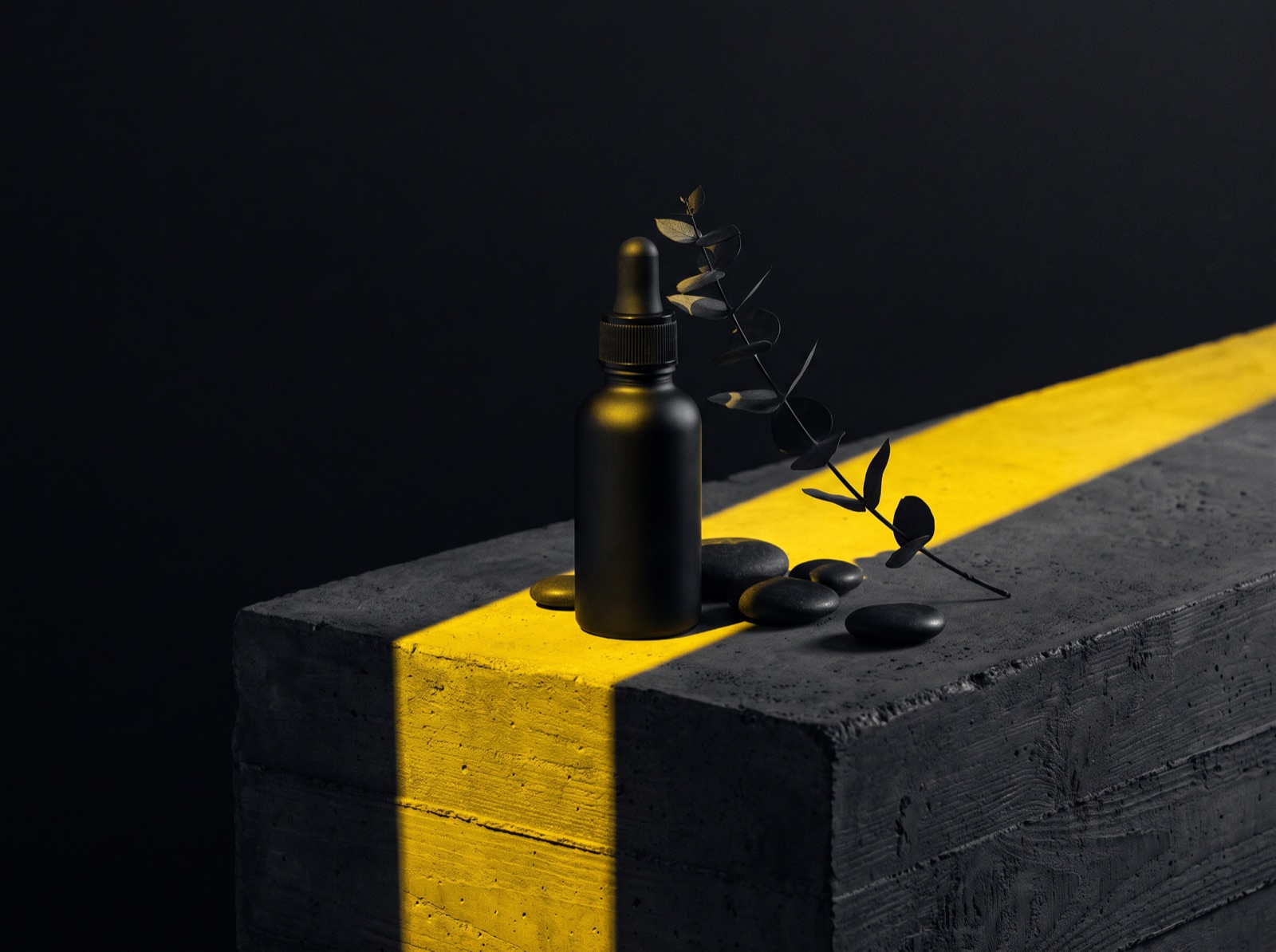 The serum bottle styled on a concrete ledge with a long shadow