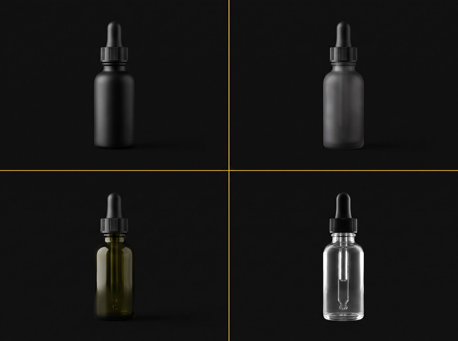 Grid of four finishes of the same bottle, consistently lit
