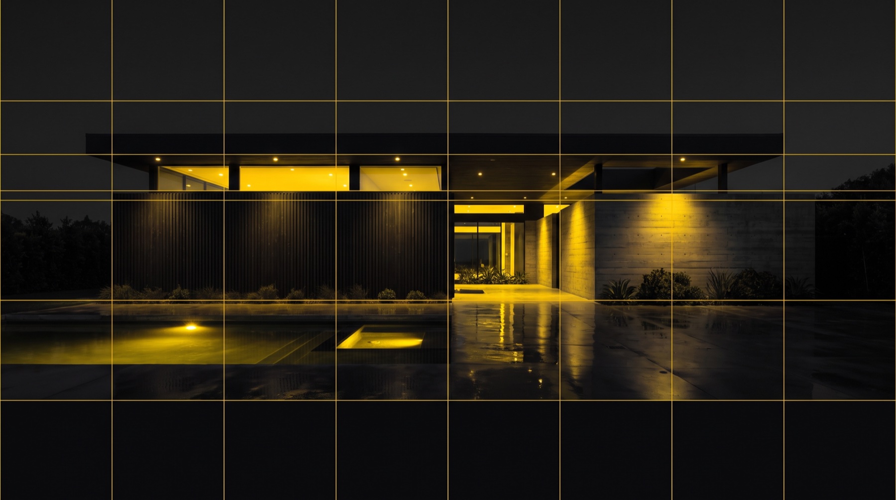 Modern home at night lit in the agency's yellow, with an architectural grid overlay